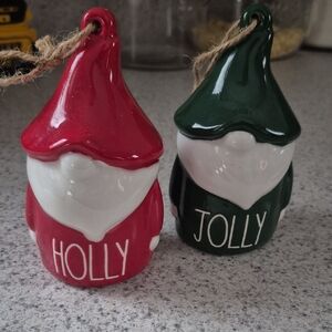 NWOT Rae Dunn "Holly Jolly" Ceramic Gnome Ornaments Set Of 2